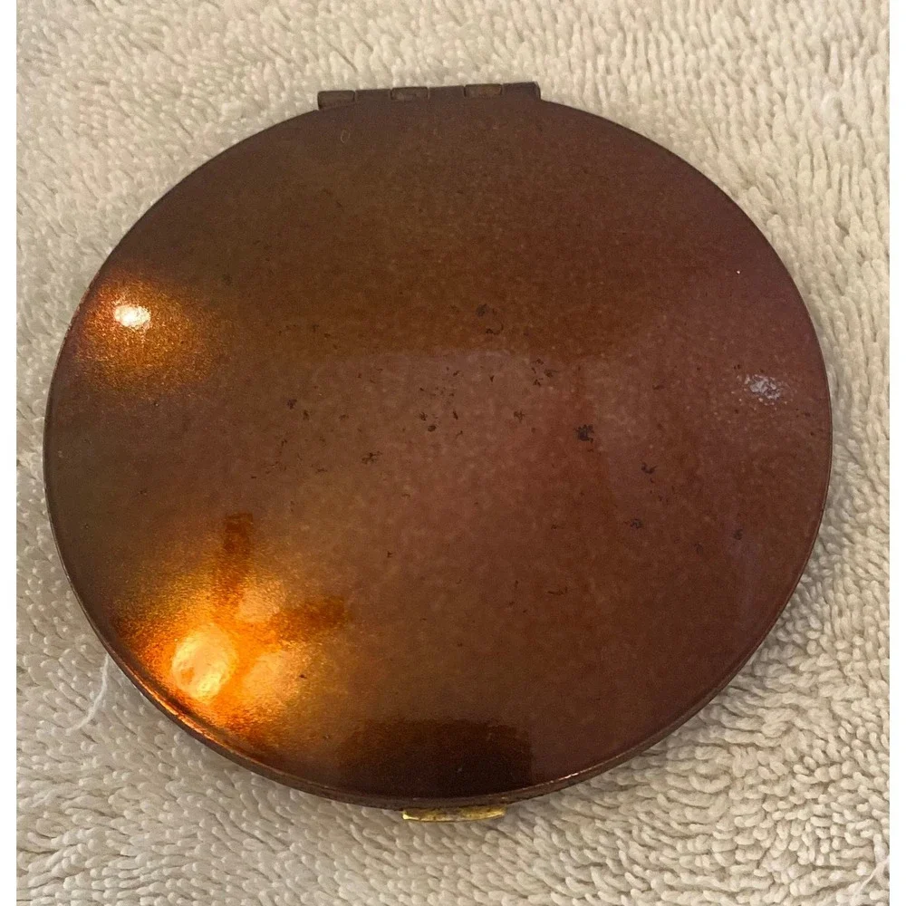 Estee Lauder Vintage Folding Compact Mirror Gold Tone Amber Brown Enamel Round